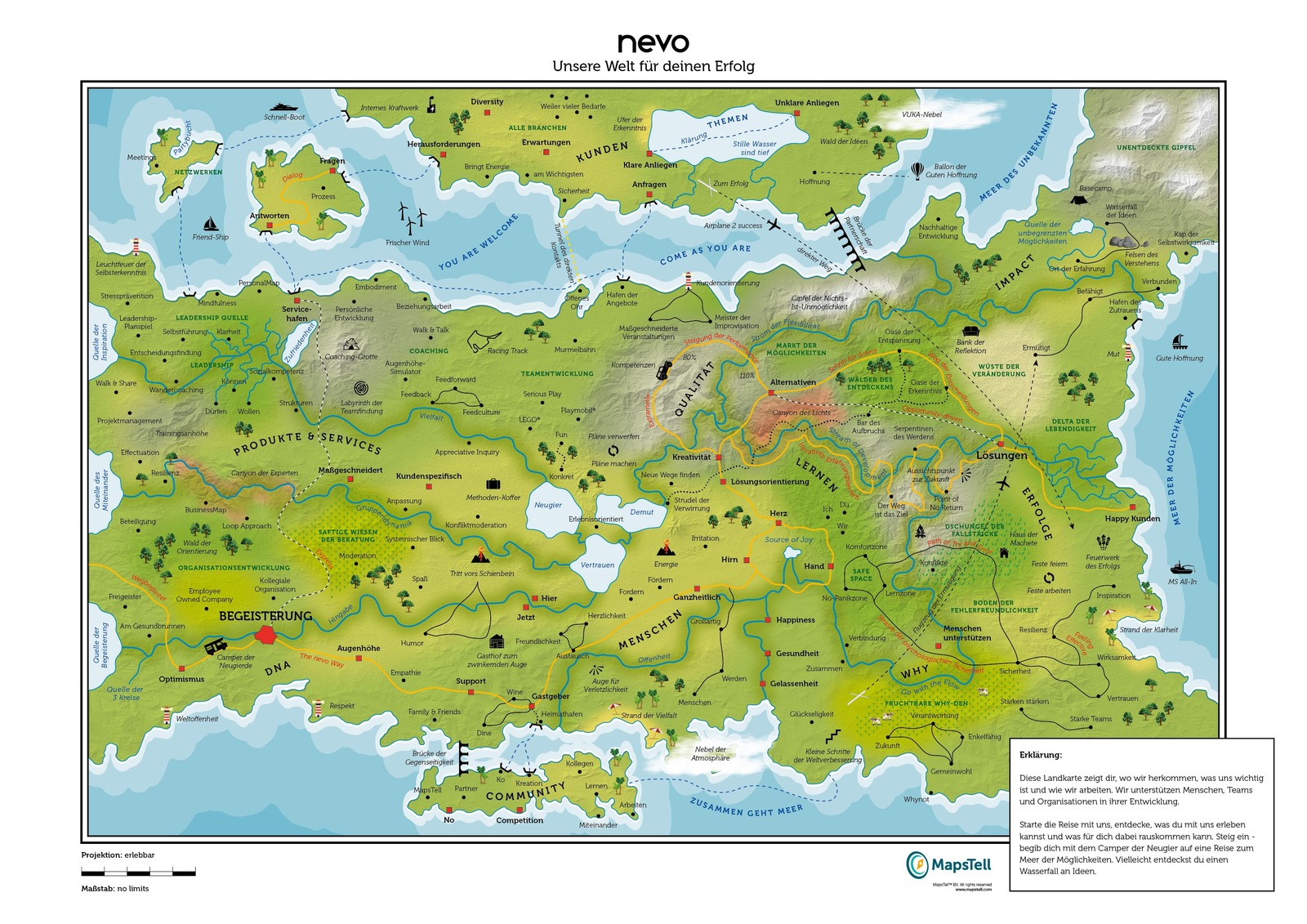 "nevo BusinessMap. Diese Landkarte zeigt, wo wir herkommen, wie wir arbeiten und
                was uns wichtig
                ist. Wir unterstützen Menschen, Teams und Organisationen in Ihrer Entwicklung"